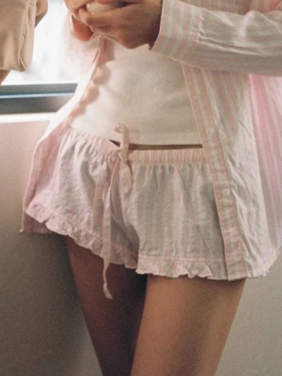 Pink Tshirt Pant Sets Women Summer Casual Lace Trim T-shirts+Fungus Short Pants Sweet Cute 2 Piece Outfits Clothes