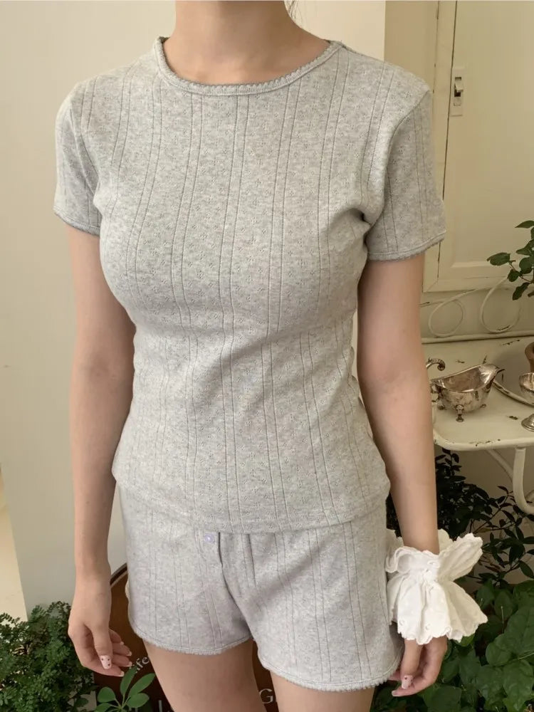 Eyelet Cotton T-shirt Shorts Outfit Women Floral Print O-neck Slim Tees +Buttons Straight Sweatshort Sweet Home 2 Pieces Set
