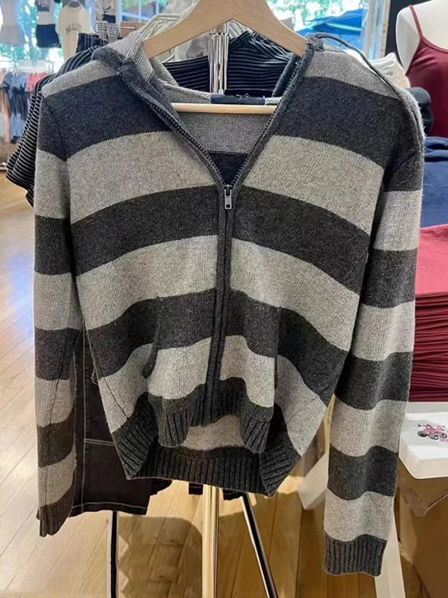 Fashion Striped Pockets Knitted Hooded Sweater Women Autumn Cotton Retro Crop Pullover Tops Vintage Chic Sweet Cardigan Jumper