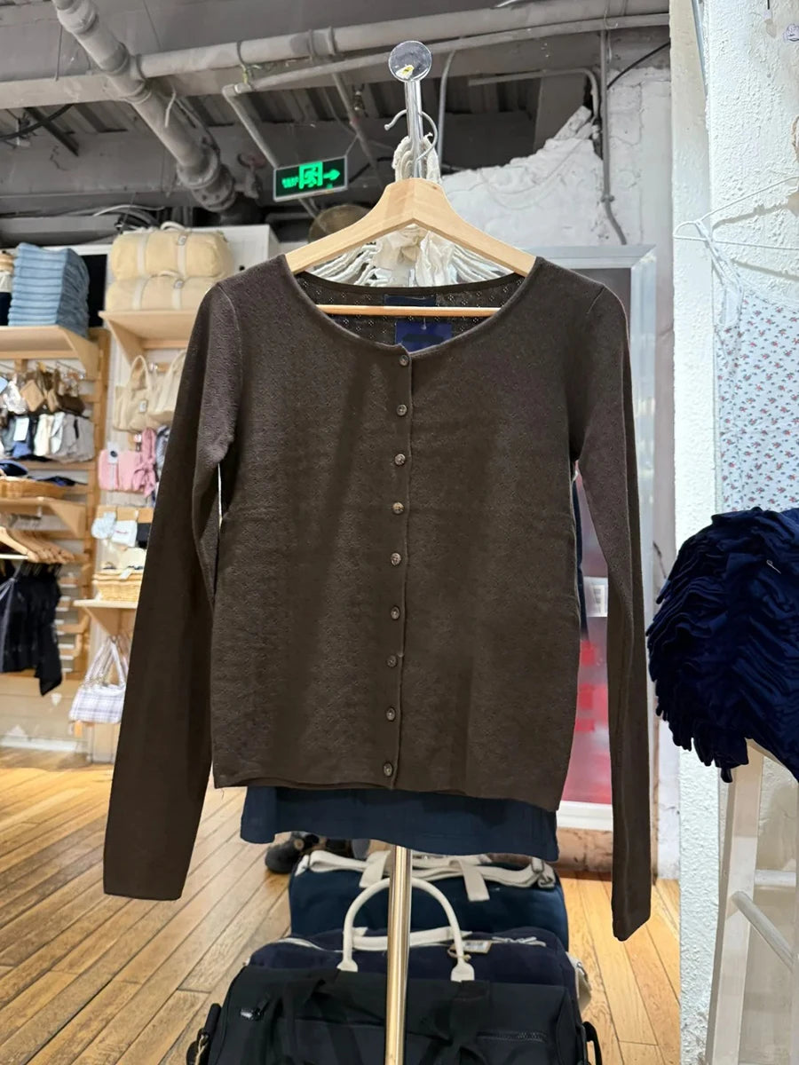 Eyelet Drak Gray Cotton Cardigan Women Autumn Casual Streetwear  Buttons Knitted Long Sleeve Tees Simple Sweet Basic Tops New