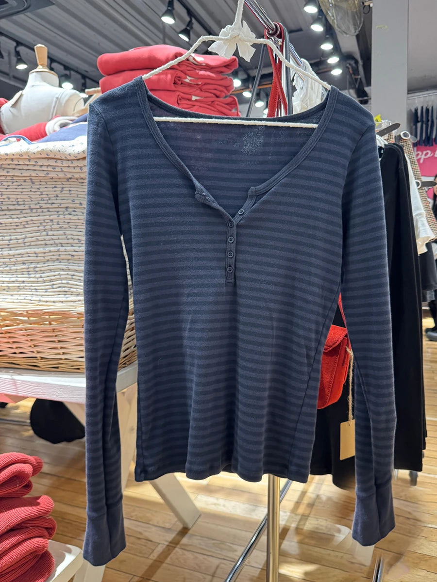 Zelly Tops Navy Striped Buttons Long Sleeve Tees Women Casual Chic Cotton T-shirt Cute Preppy Style Slim Tshirt