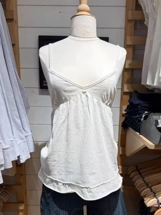Sweet Raw Hem V-neck Long Camisole Women Sexy Light Grey Backless Cotton Tank Top Female Casual Simple Basic Vest Y2k Tops New