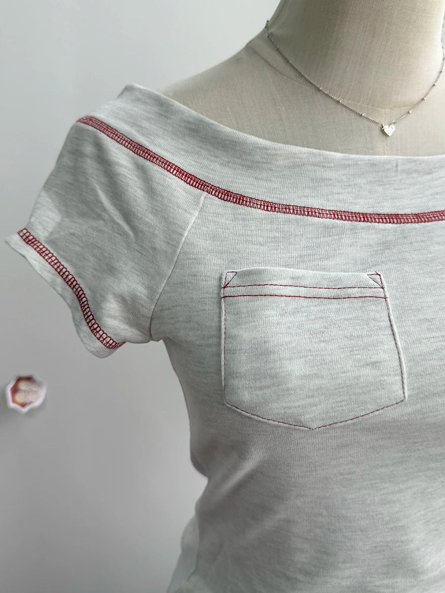 Slash Neck Short Raglan Sleeve Tee Shirts Women Summer Casual Slim Quilted Pocket Cotton Tshirts Sweet Preppy Style T-shirt Y2K