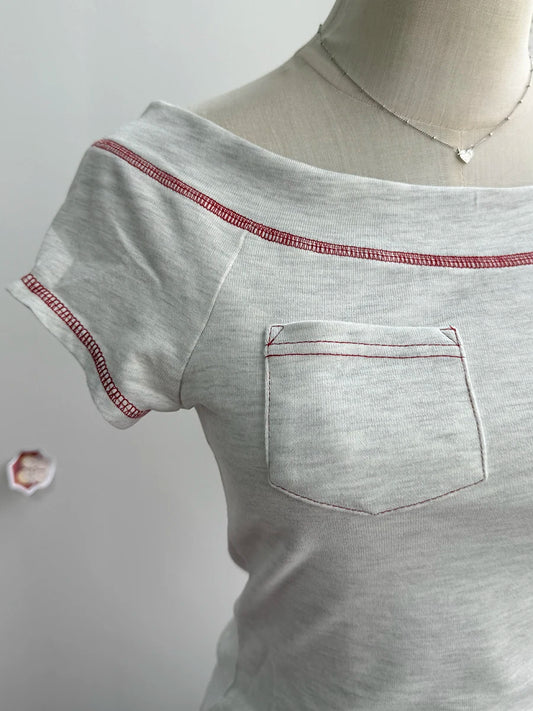 Slash Neck Short Raglan Sleeve Tee Shirts Women Summer Casual Slim Quilted Pocket Cotton Tshirts Sweet Preppy Style T-shirt Y2K