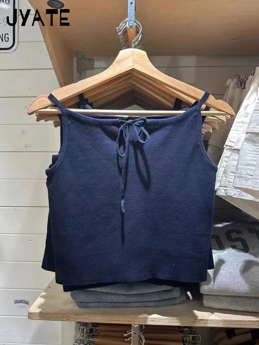 Navy Blue Knitted Cropped Vests Women New Summer Strap U-neck Casual Simple Sleeveless Tank Tops Sweet Cute VIntage Camisole Y2K