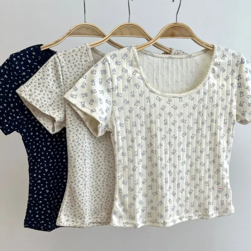Floral Print Eyelet Short Sleeve Tee Women New Casual Streetwear Slim Cropped Tops Girl Sweet Cute Preppy Style T-shirts Y2K Top