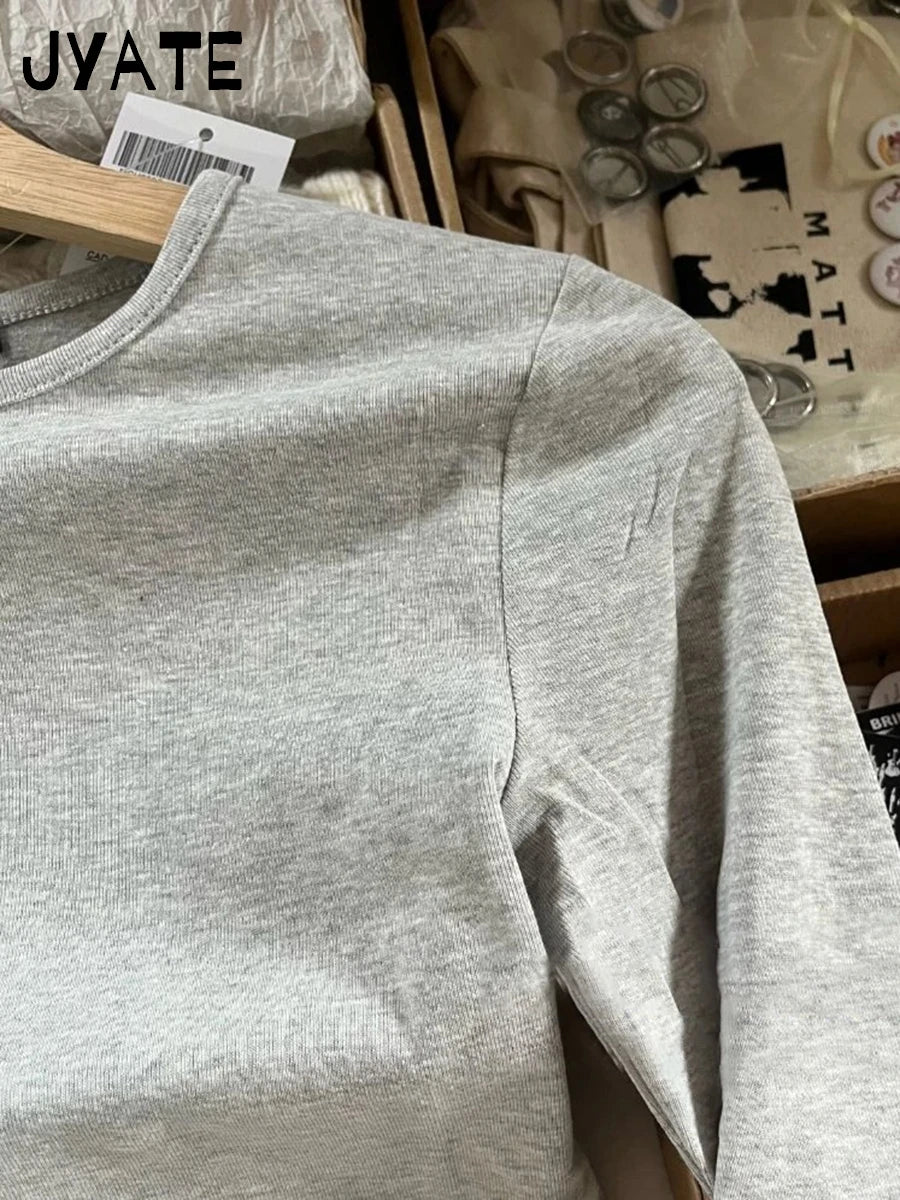 Simple Gray Bodycon Long Sleeve T-shirts Women Crew Neck Soft Cotton All-match Skinny Tee Shirt Vintage Basic Street T shirt Y2K