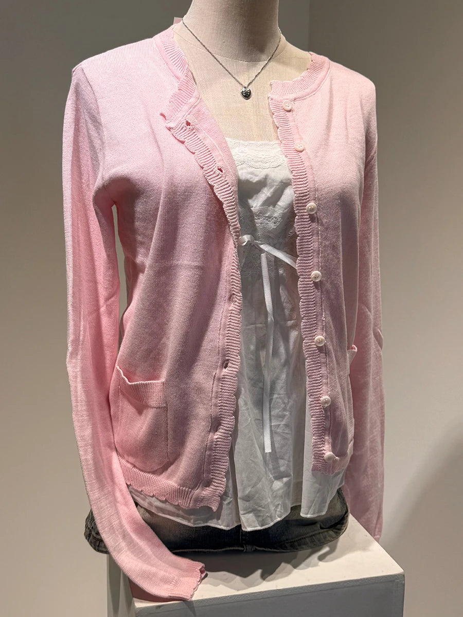 Pink Sweet Pocket Knit Sweater Coat Women Autumn Lace Trim Neck Button Casual Solid Jumper Tops Sweet Cute Preppy Style Cardigan