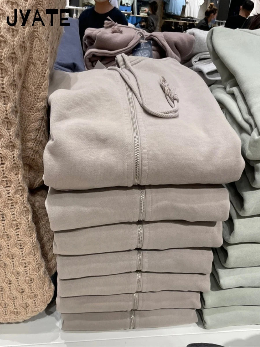 Vintage Solid Cotton Zipper Hooded Sweatshirts Women Pockets Drawstring Basic Loose Hoodie Tops Casual Simple Chic Hoodies Coat