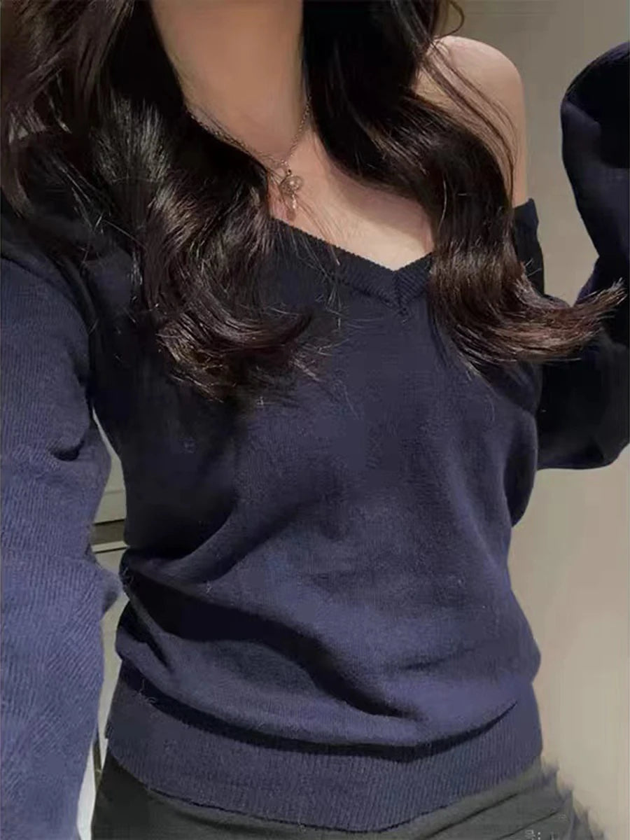 Navy V-Neck Vintage Knitted Sweater Women Autumn Winter Casual Cotton Long Sleeve Pullover Jumper Simple Slim Streetwear Top Y2K