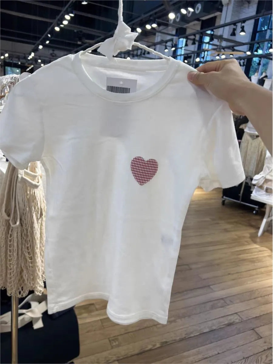 Sweet Plaid Heart Appliques T-shirt Women Summer Cotton O-neck Short Sleeve Tee Shirts Female Cute Preppy Style Tshirt Y2K Tops