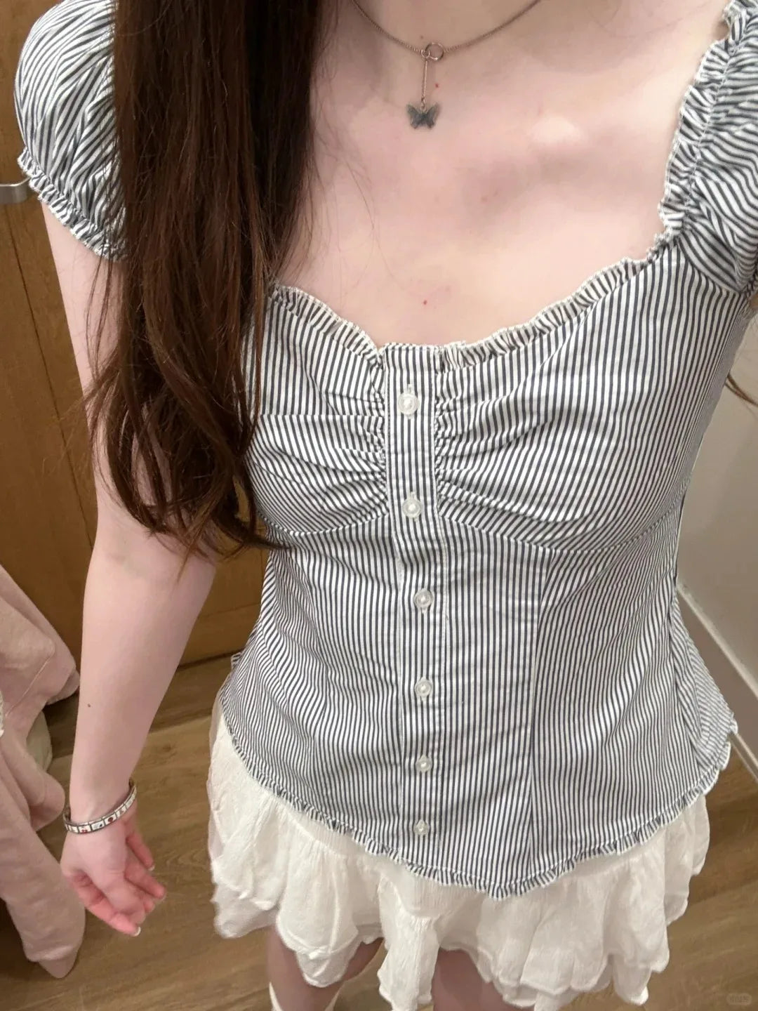 Blue Striped Folds Blouse Top Women New Casual Single Breasted Ruffle Sleeveless Tank Tops Vest Sweet Preppy Style Camisole Y2K