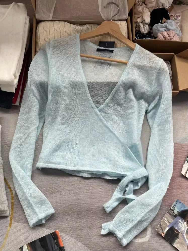 Blue Lace-up Knitted Mohair Sweater Cardigan Women Solid V-neck Cute Long Sleeve Sweaters Sweet Vintage Knitwear Y2K Crop Tops