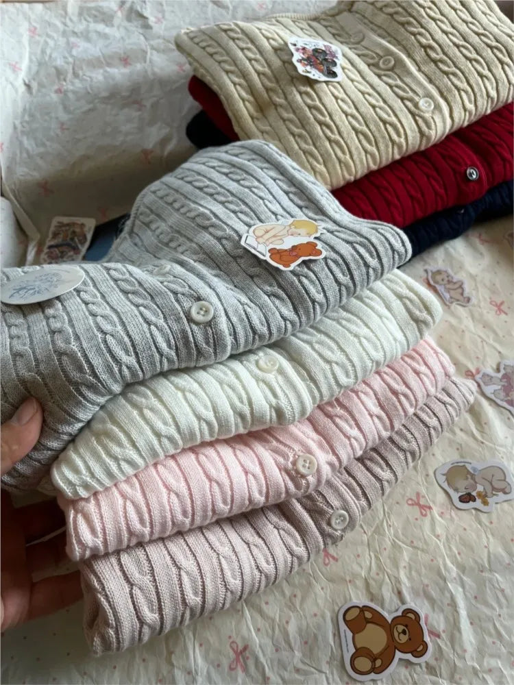 Twist flower Knitted Sweater Cardigan Crew Neck Single Breasted Long Sleeve Slim Coat Vintage Streetwear Simple Crop Top Y2K