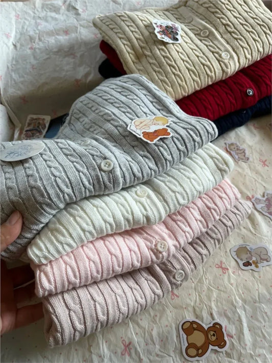 Twist flower Knitted Sweater Cardigan Crew Neck Single Breasted Long Sleeve Slim Coat Vintage Streetwear Simple Crop Top Y2K