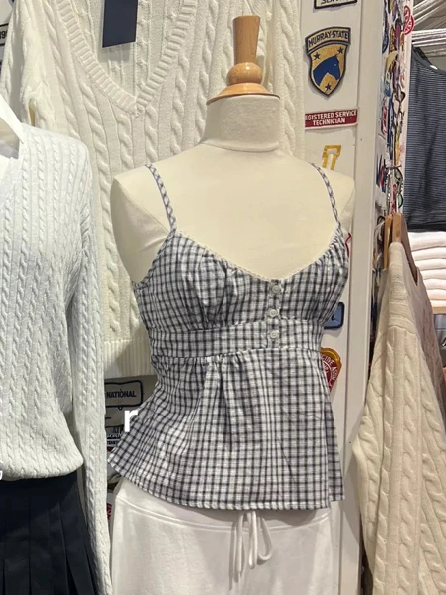 Red Plaid Buttons V-neck Camis Women Summer Casual Lace Trim Slim Simple Sleeveless Vests Vintage Sweet Preppy Style Tank Tops