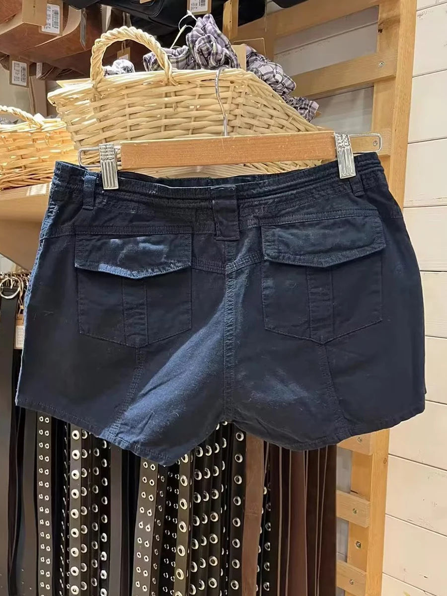 Vintage Solid Pockets Straight Short Pants Women Cotton Streetwear Casual High Waist Sweatpants Harajuku Chic Y2K Cargo Shorts