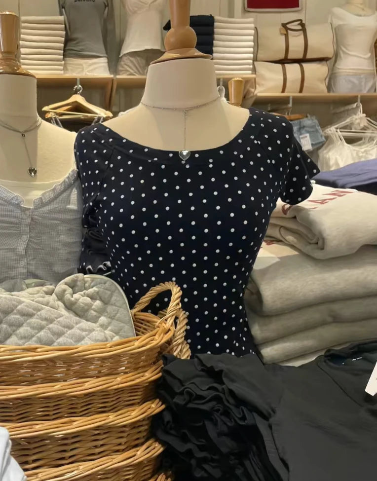 Polka Dot Gray Slash Neck T-shirt Women Casual Preppy Style Slim Short Raglan Sleeve Cotton Tee Shirts Vintage Sweet TshirtsY2K