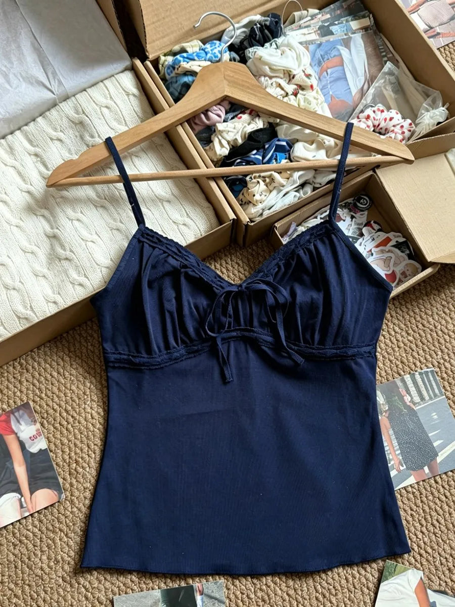 Solid Lace Trim V-neck Tank Tops Women Summer Casual Simple Lace-up Cotton Slim Sleeveless Vests Sweet Cute Elegant Camisole Y2K
