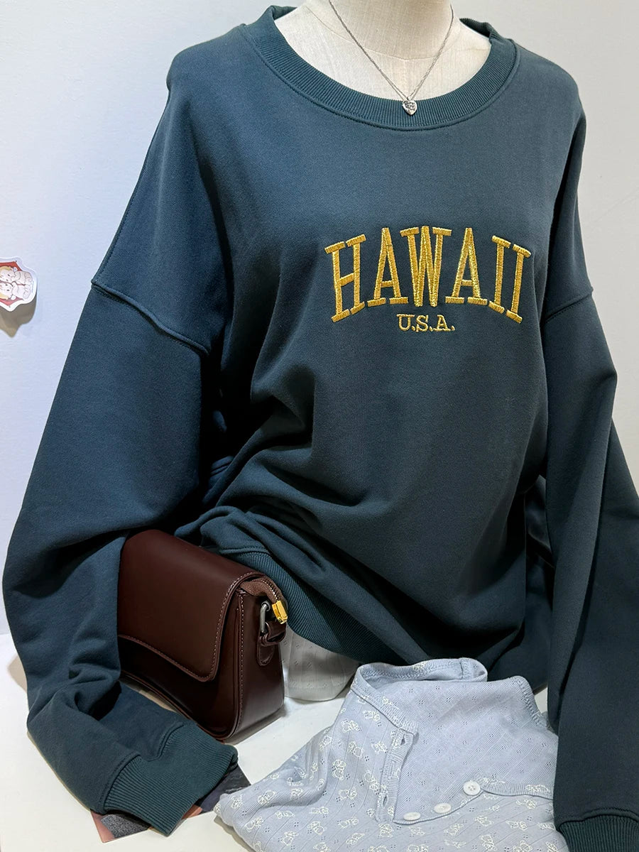 Letter Embroidery Sweatshirts Women Casual Streetwear O-neck Loose Pocket Pullover Tops Vintage American Preppy Style Sweatshirt