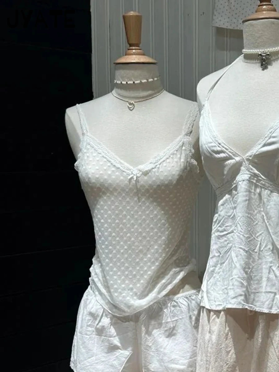 Harajuku Hearts Jacquard Sexy Sheer Crop Tops Women Casual Slim Thin Lace Trim Sleeveless Vests Vintage Chic Mesh Camisole Y2K