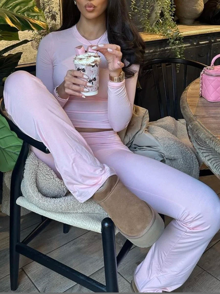 Solid Skinny Cotton T-shirt Pant Set Woman O-neck Long Sleeve Tee+Foldover Flare Yoga Pant Sport 2 Piece Sets Can mix and match