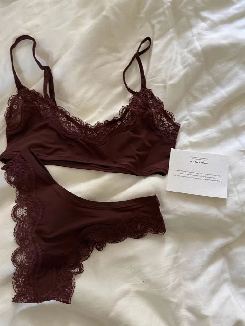 Pink Lace Bra Set Woman Adjusted-strap Seamless Bras+Low Waist Panties Female Casual Simple Solid High Elasticity Lingerie Sets