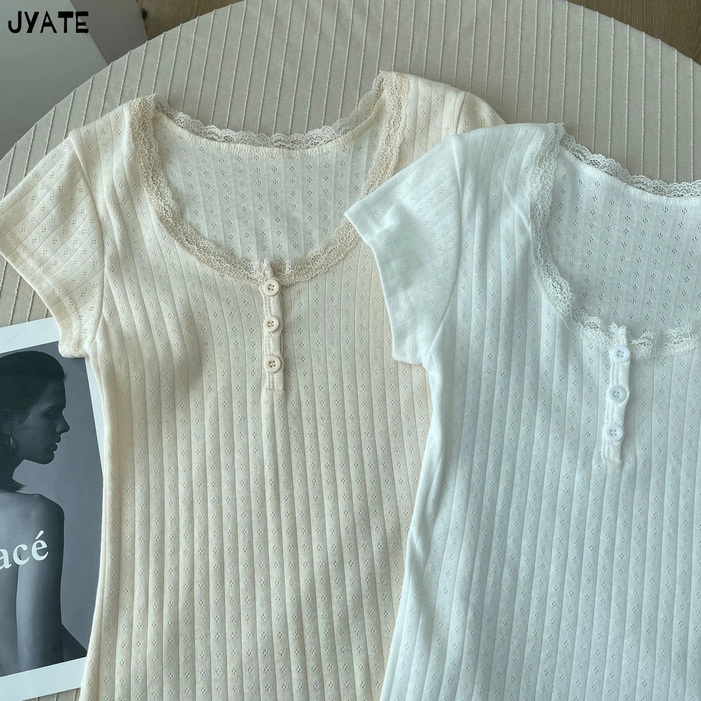 Eyelet Lace Trim Buttons Short Sleeve Tees Women New Casual Slim Streetwear Tops Femme Sweet Vintage Preppy Style T-shirts Y2K
