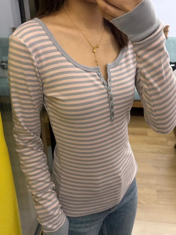 Sweet Pink Gray Striped Long Sleeve Tees Women Autumn Cute Cotton Buttons Slim T Shirt Tops Shoujo Clothes Simple Basic T-shirts