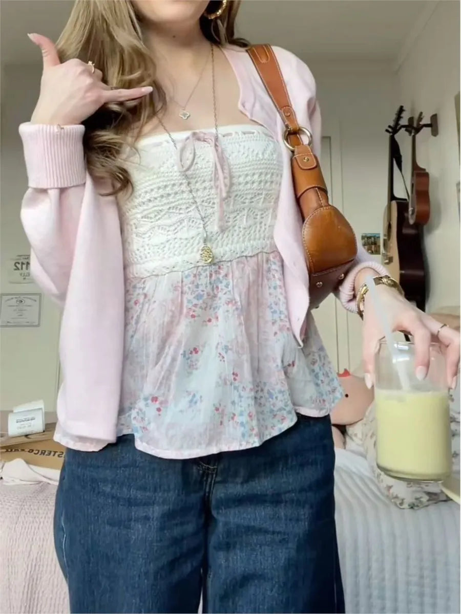 Sweet Knitted Patchwork Tube Tops Woman Lace-up Strapless Floral Hem Slim Cropped Camisole Female Streetwear Sexy Crop Top Y2K