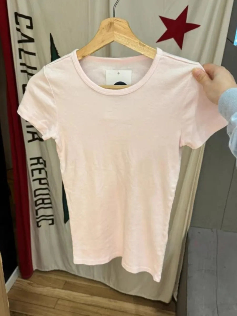 Light Pink Slim T-shirt Women Summer New Round Neck Short Sleeve Cotton Tee Tops Casual Sweet Cute Simple Basic Tshirt Top Y2K