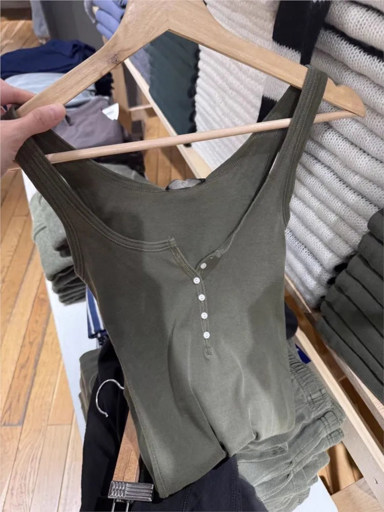 Six Buttons Army Green Slim Tank Top Woman Summer  Y2KStreetwear U Collar Sleeveless Cotton Vest American Vintage Basic Tops New