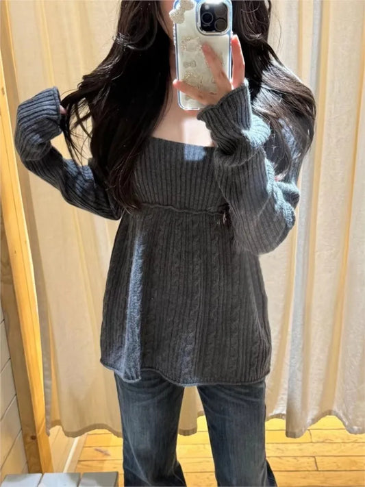 Square Neck Raw Hem Knitwear Women Cotton Streetwear Twisted Flower Long Sleeve Pullover Top Vintage Preppy Style Sweet Sweaters