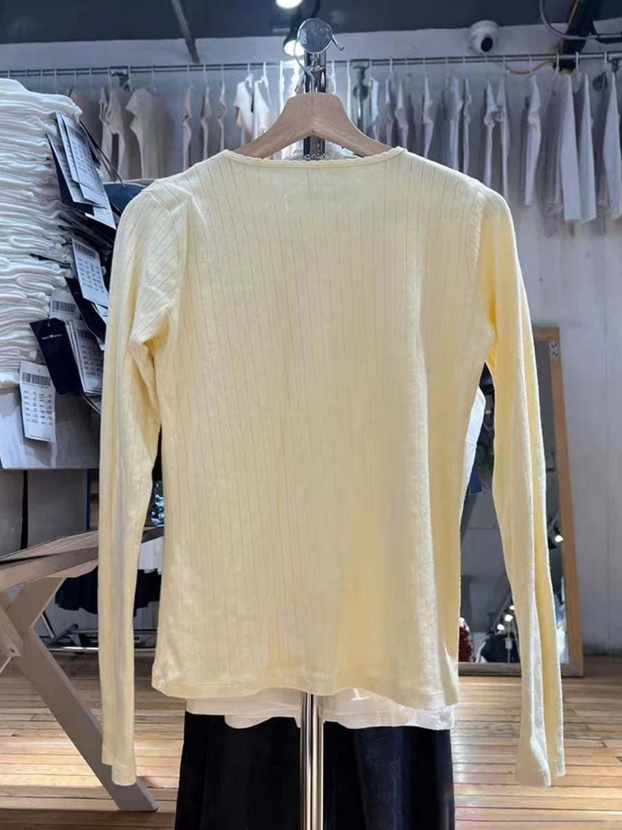 Yellow Eyelet Slim Long Sleeve T-shirt Women Preppy Style O-neck Single Breasted Cotton Tee Shirts Cute Vintage Sweet Tops Y2K