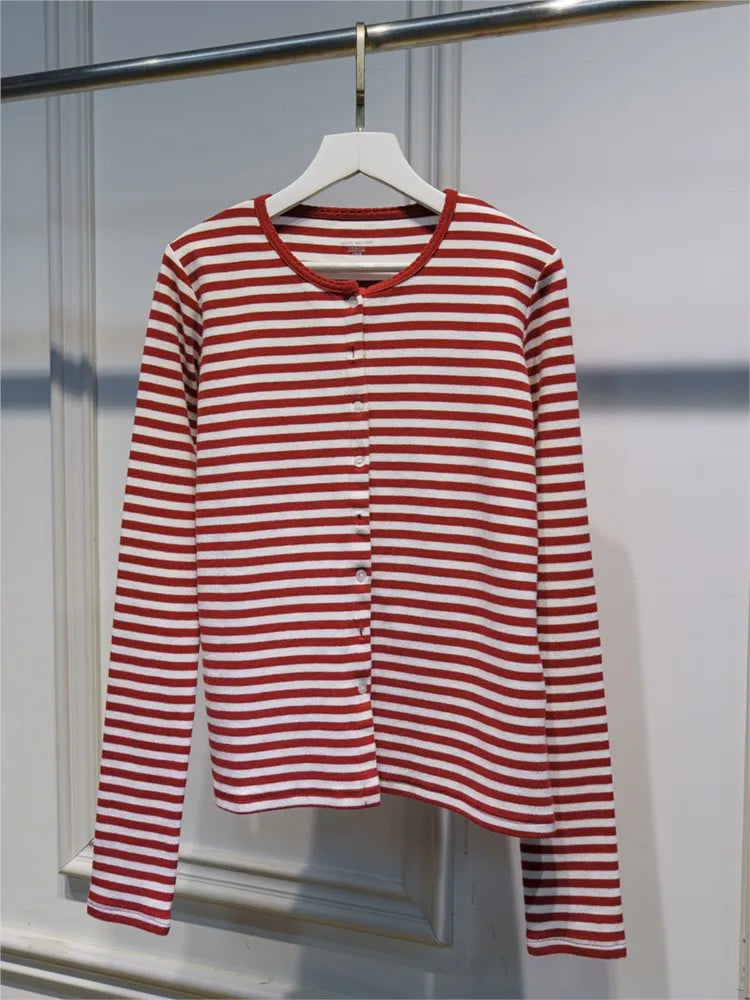 Simple Striped Slim Long Sleeve T-shirt Women Lace Trim O-neck Single Breasted Cotton Tee Shirts Sweet Cute Preppy Style Top New