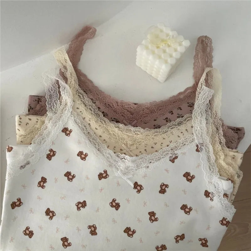 Lace Trim V-neck Slim Tank Tops Women Summer New Streetwear Cotton Casual Sleeveless Vests Sweet Cute Preppy Style Camisole Y2K