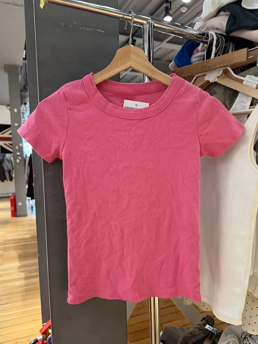 Rose Red Round Neck T-shirt Women Summer Simple Basic Slim Short Sleeve Cotton Classic Tees Female Streetwear Y2K Sweet Crop Top