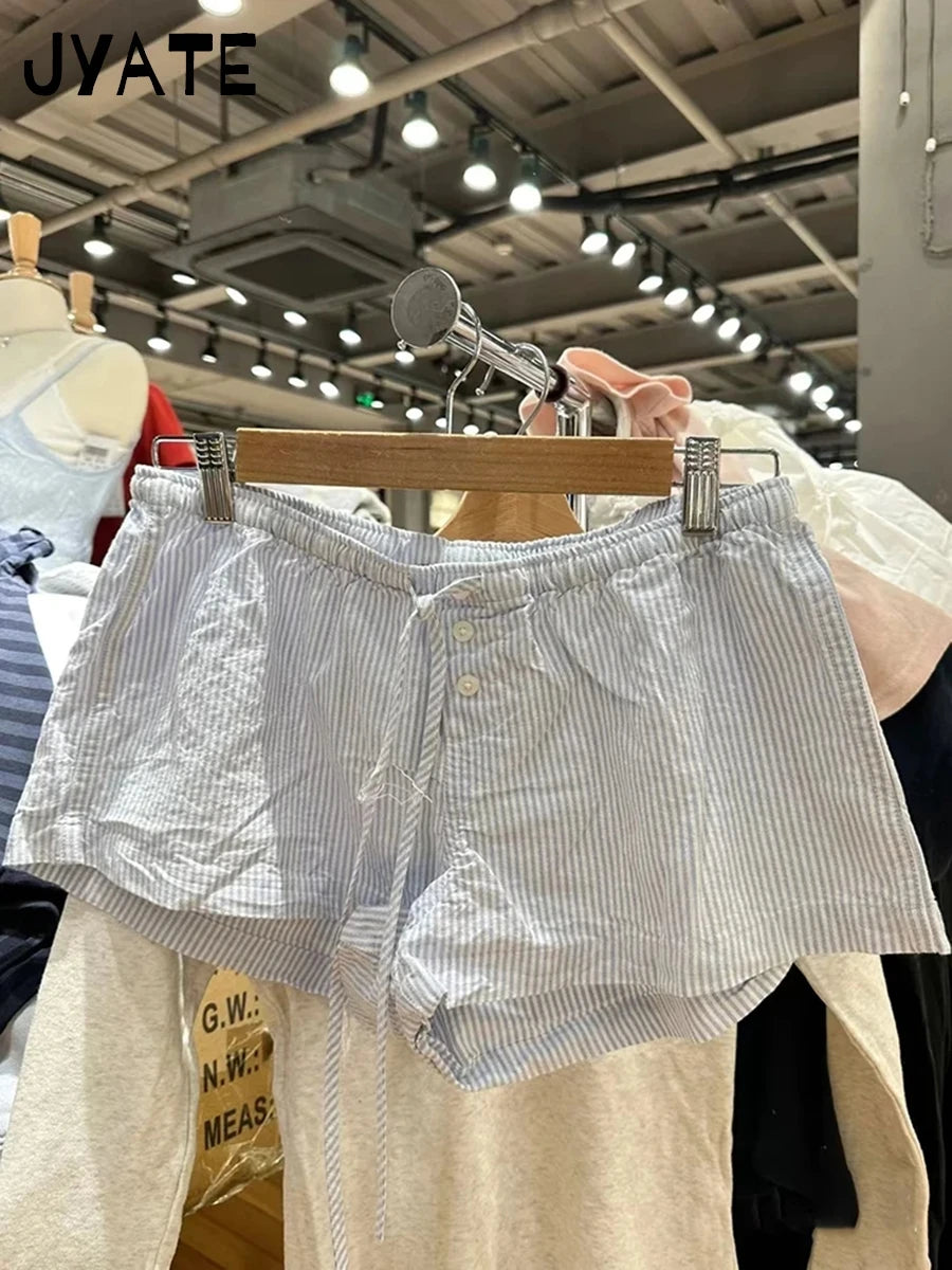 Vintage Blue Striped Drawstring Short Pants Women Summer New Casual Elastic Waist Straight Shorts Sweet Chic Home Underwear Y2K