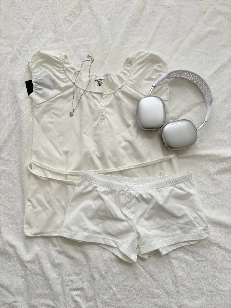 White Back lace-up T-shirt Shorts 2 Pieces Sets Women Cotton Slim Buttons Crop Top+Bow Home Shorts Sweet Two Piece Clean Outfit