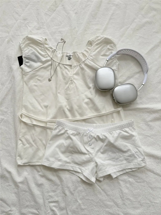 White Back lace-up T-shirt Shorts 2 Pieces Sets Women Cotton Slim Buttons Crop Top+Bow Home Shorts Sweet Two Piece Clean Outfit