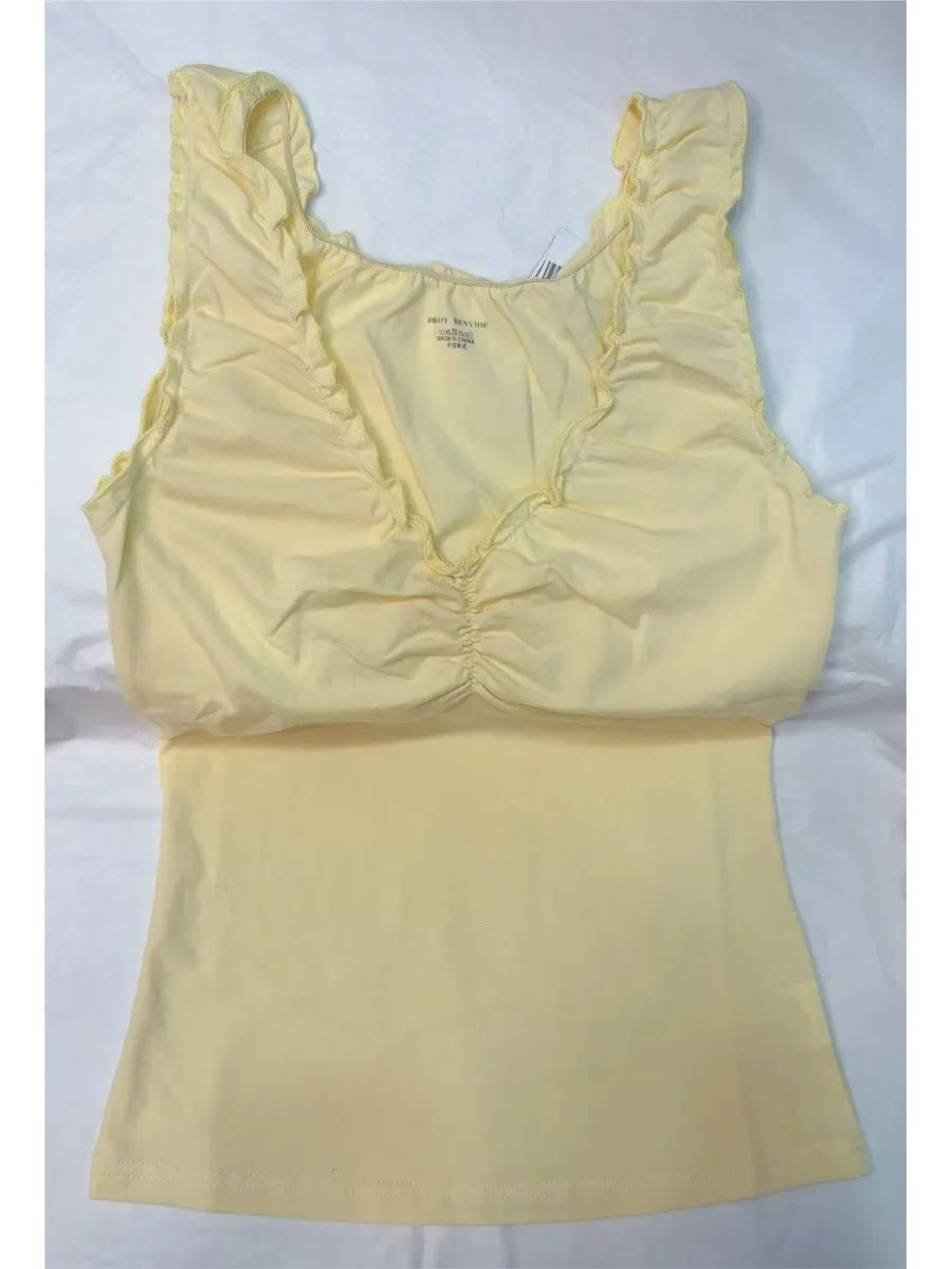 Button Yellow Fungus Trim Slim Tank Tops Women Summer Sleeveless Sexy Bow V-neck Cotton Crop Top Femme Simple Sweet Cute Vests