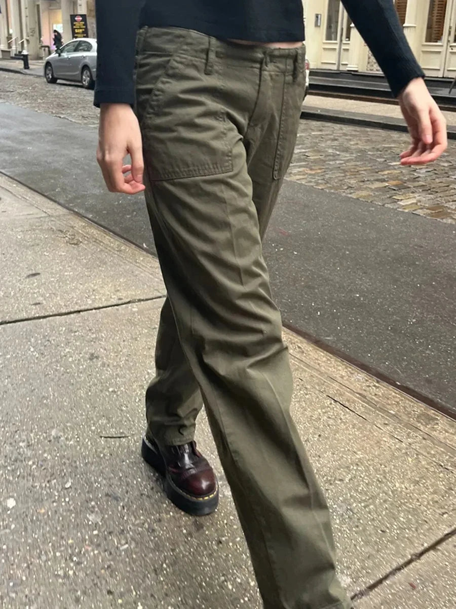 Army Green Retro Pockets Low Waist Straight Pants Women Spring Streetwear Casual Cargo Pant Vintage Harajuku Baggy Y2K Trousers
