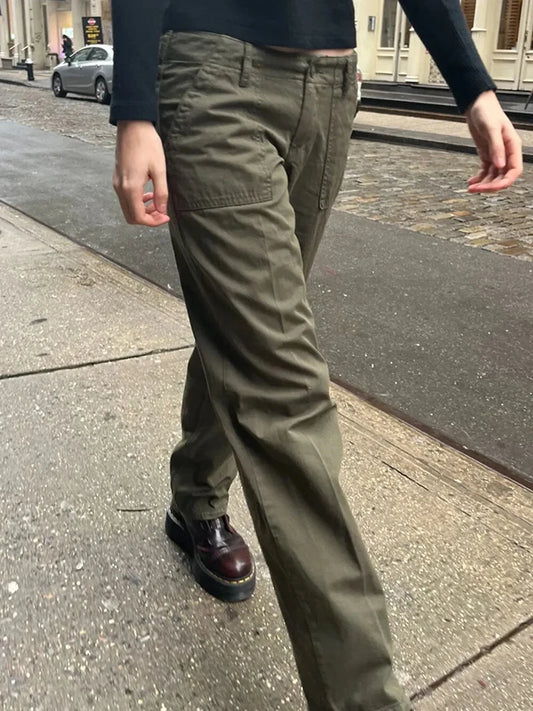 Army Green Retro Pockets Low Waist Straight Pants Women Spring Streetwear Casual Cargo Pant Vintage Harajuku Baggy Y2K Trousers