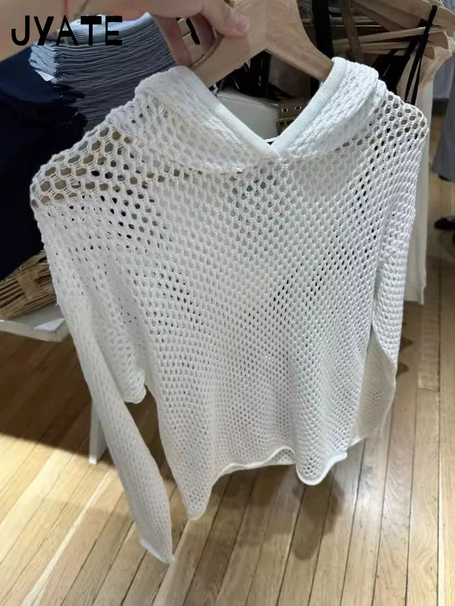 Hole White Long Sleeve Hoodies Tops Women New Cotton Knitted Streetwear Sexy Pullover Vintage Chic Preppy Style Sweatshirts Y2K