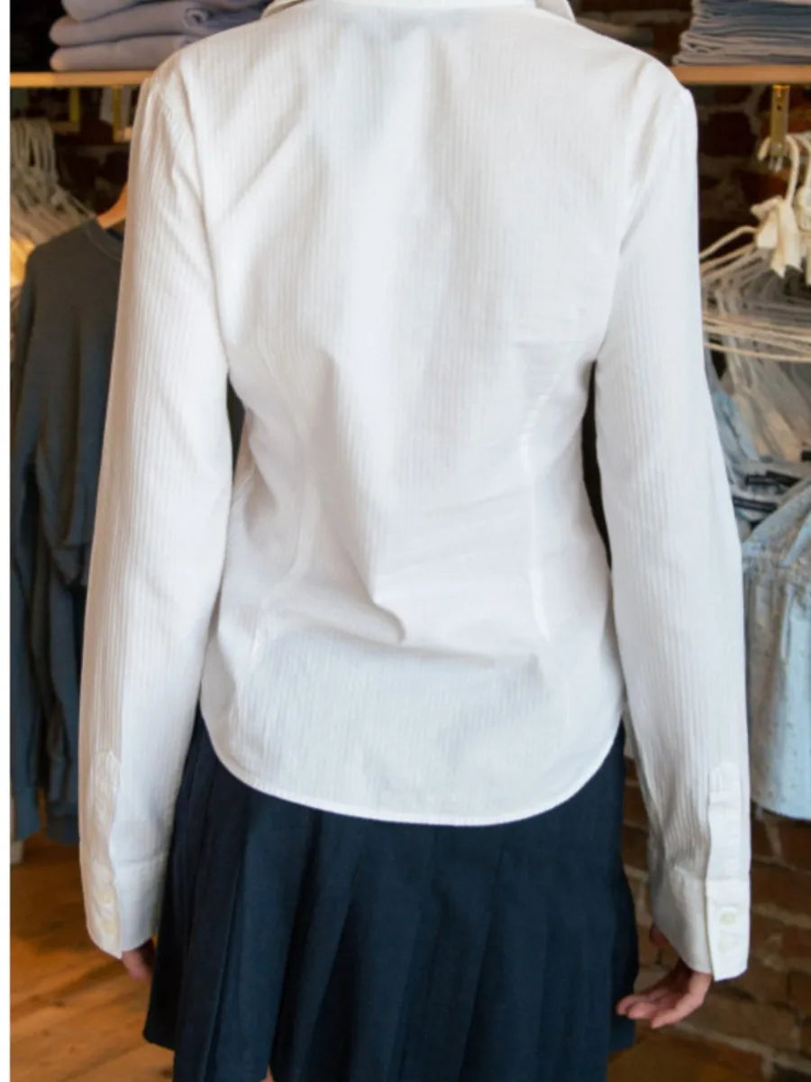 White Buttons Slim Blouse T-shirts Women Summer Casual Turn down Collar Long Sleeve Tees Cute Sweet Preppy Style Y2K Crop Tops