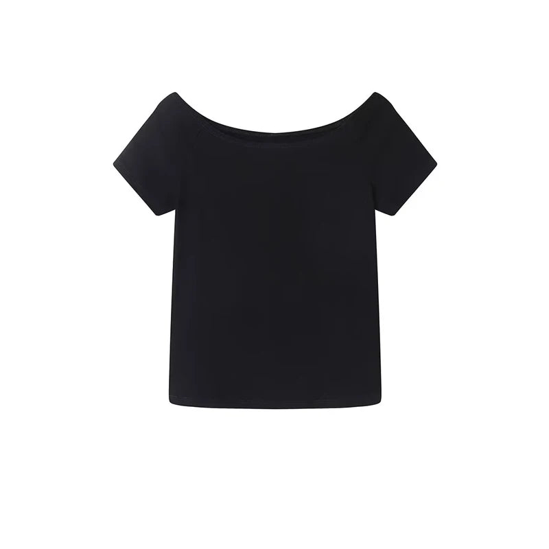 Solid Sexy Slash Neck Short Sleeve Tees Women Summer New Casual Cotton Street Tops Clothes Cute Sweet Preppy Style T-shirts Y2K