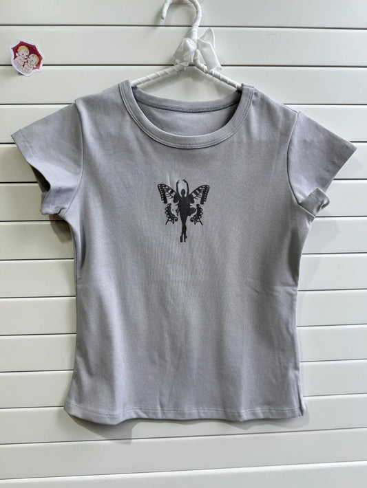 Butterfly Print Slim T-shirt Women Spring Round Neck Short Sleeve Cotton Tee Shirts Sweet American Chic Tshirts Tops Y2K