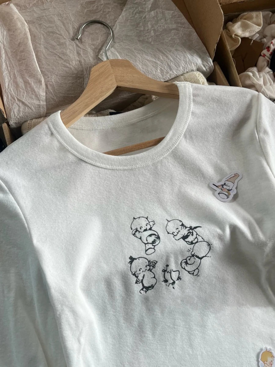 Cute Angel Print Long Sleeve T-shirt Women Autumn O-Neck Cotton Slim Tee Shirt Vintage Streetwear Sweet Shirts Y2K Tops New