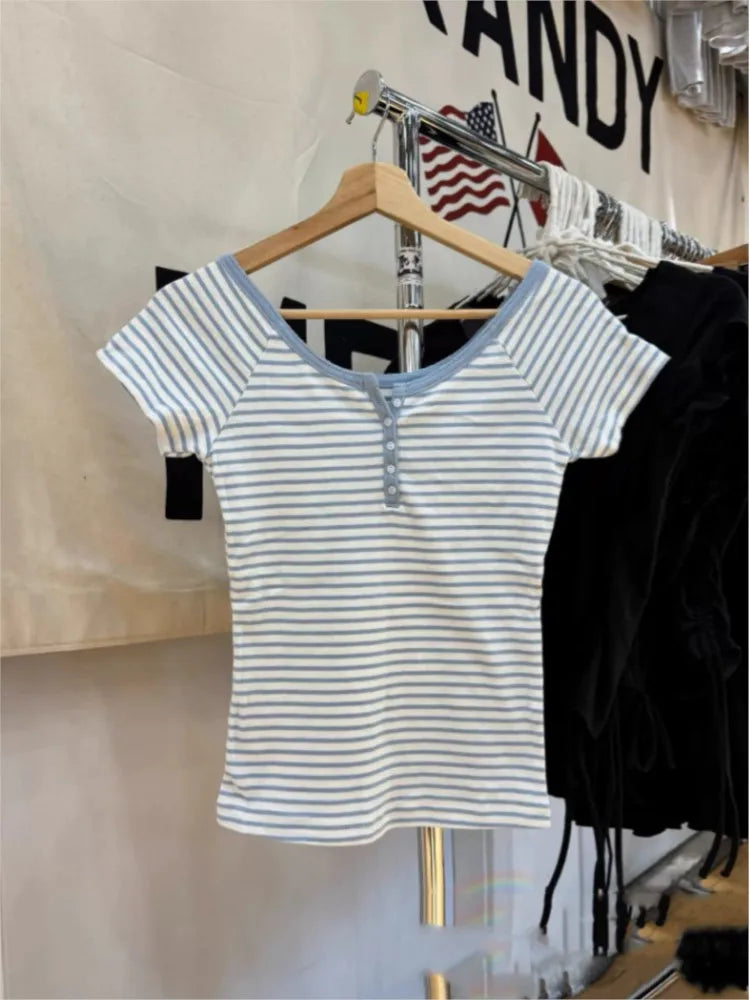 Blue Striped Button T-shirts Women Cotton Slim Preppy Style Simple Crew Neck Short Sleeve Tees Sweet Cute Fashion Y2K Tshirts