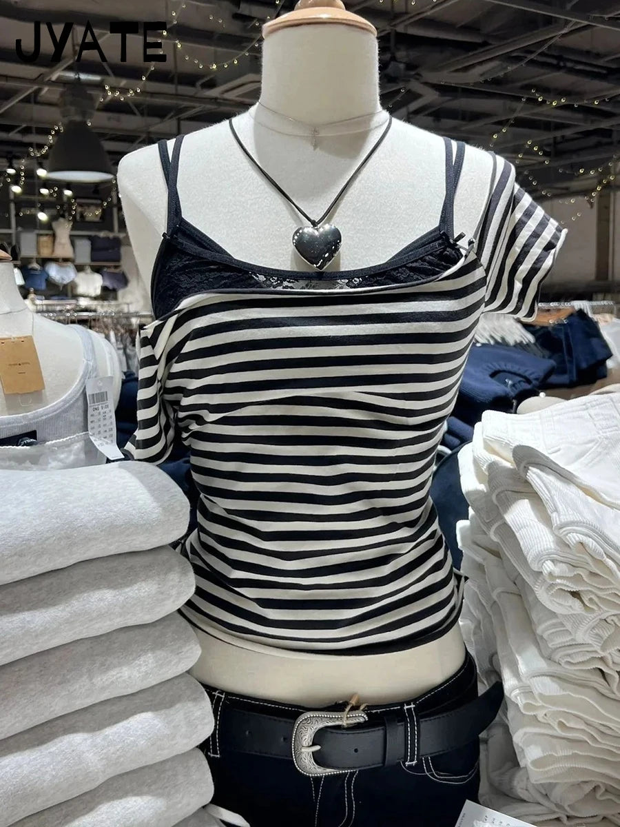 American Striped Slash Neck Slim Crop Tops Women 2024 New Cotton Soft Raw Hem  Short Sleeve Tees Vintage Sweet Chic T-shirts Y2K